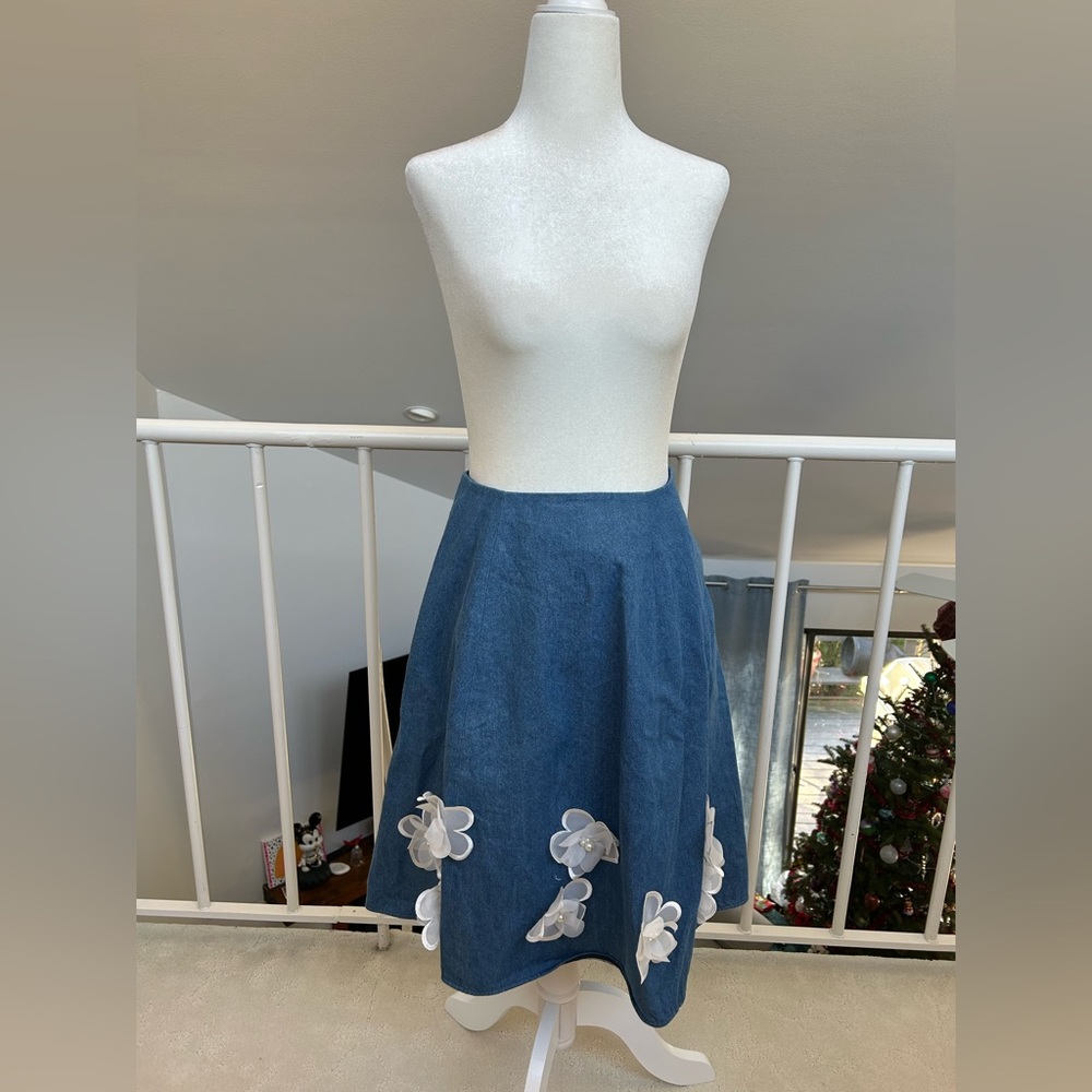 Chesty Japan designer Kawaii Denim Art Deco Midi Skirt Pearl Flowers Retro Jean